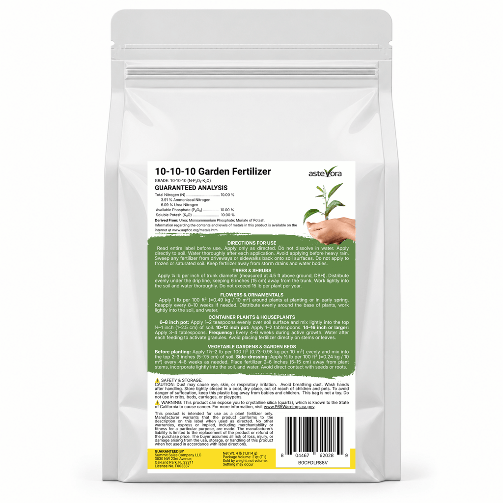 Astevora 10-10-10 granular fertilizer back label with directions and guaranteed analysis