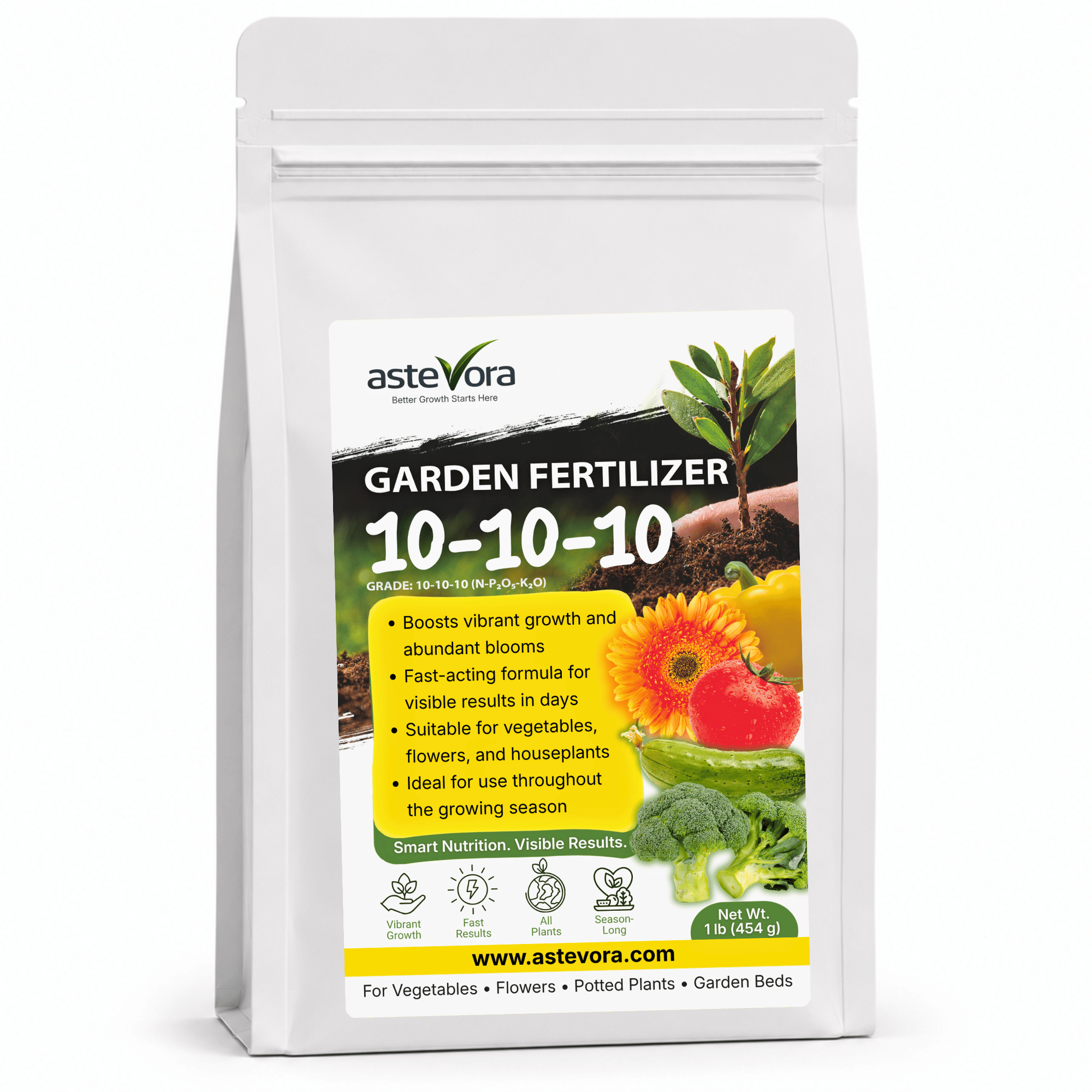 Astevora 10-10-10 all-purpose granular fertilizer front pouch