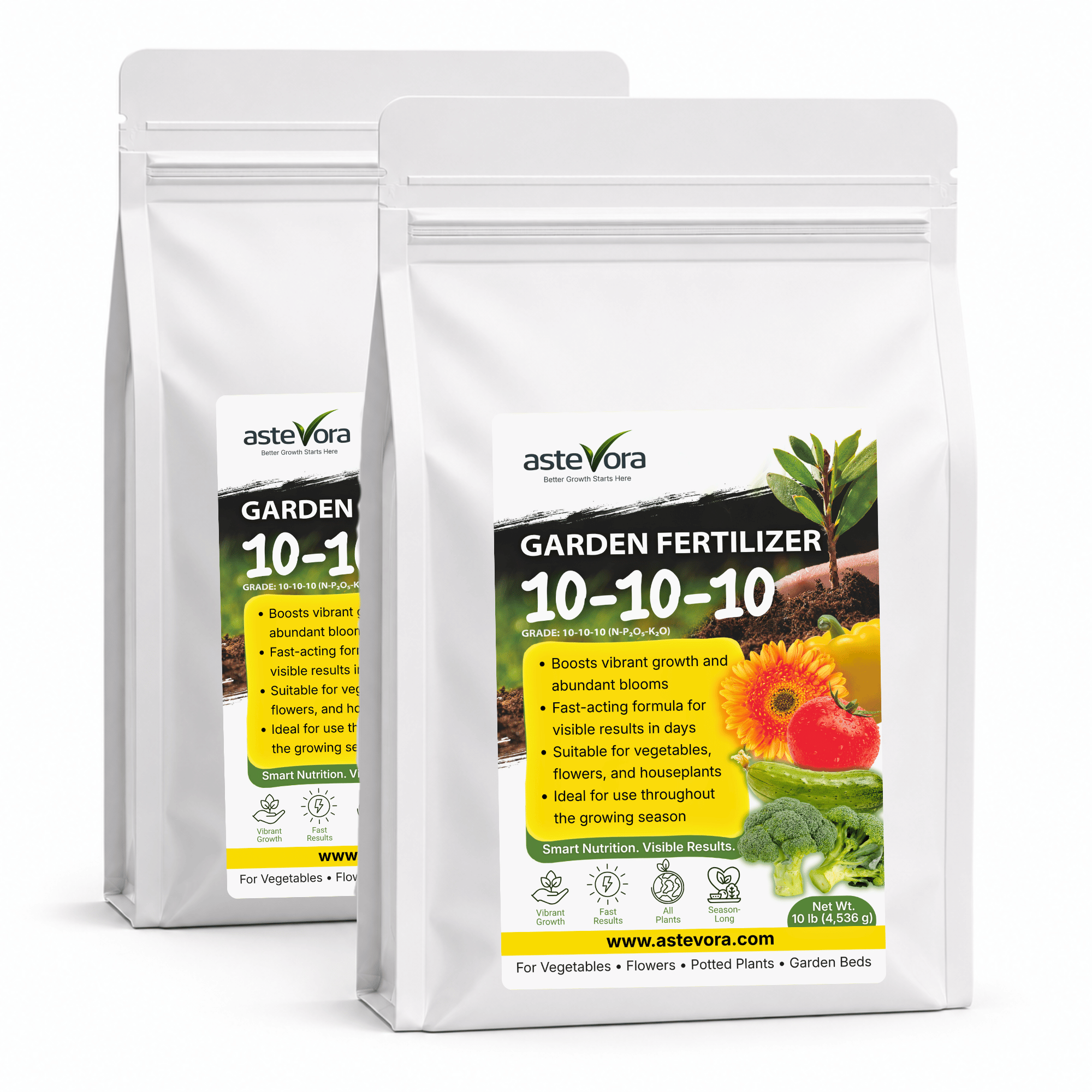 Astevora 10-10-10 all-purpose granular fertilizer front pouch