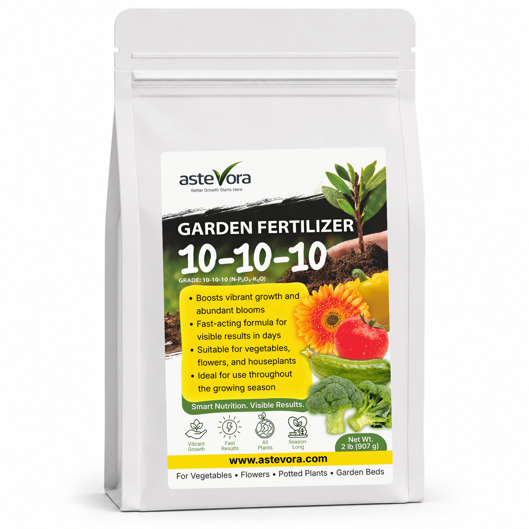 Astevora 10-10-10 all-purpose granular fertilizer front pouch
