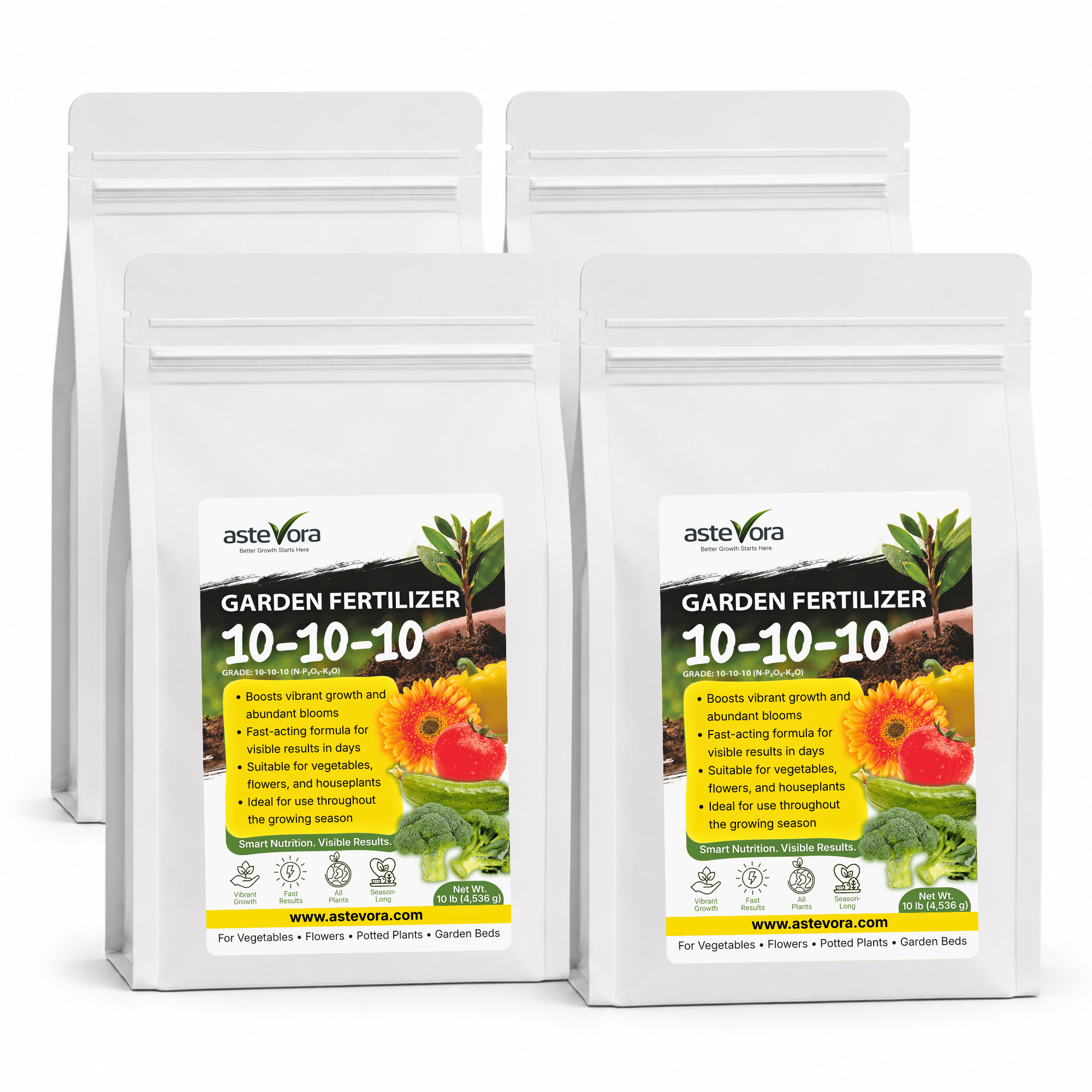 Astevora 10-10-10 all-purpose granular fertilizer front pouch