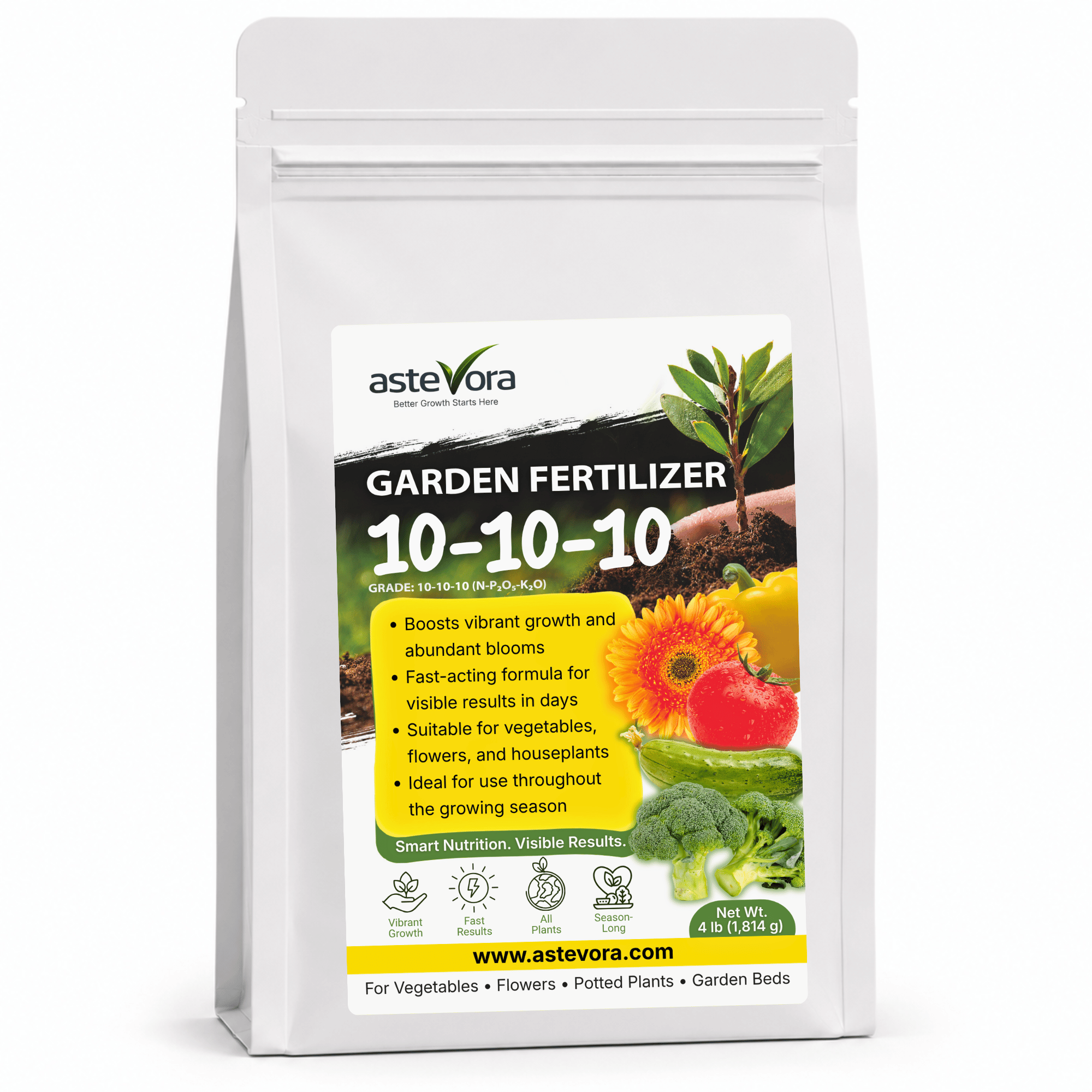 Astevora 10-10-10 all-purpose granular fertilizer front pouch