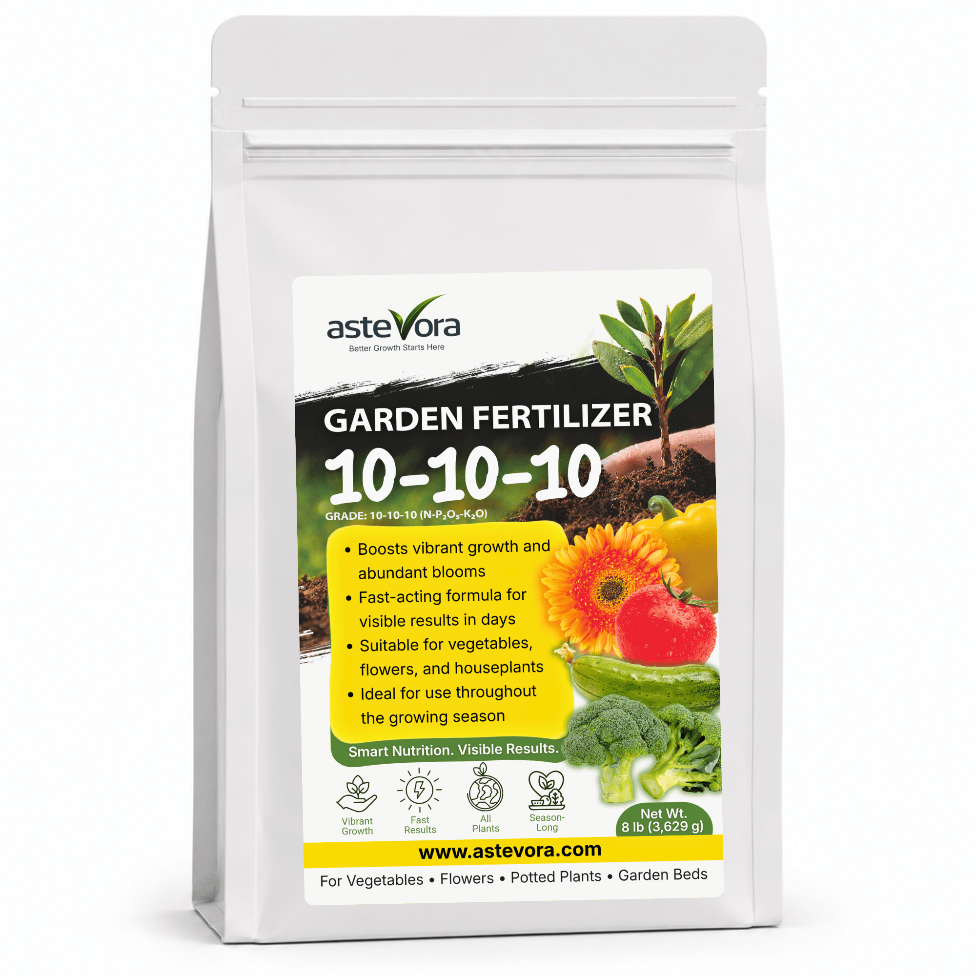 Astevora 10-10-10 all-purpose granular fertilizer front pouch