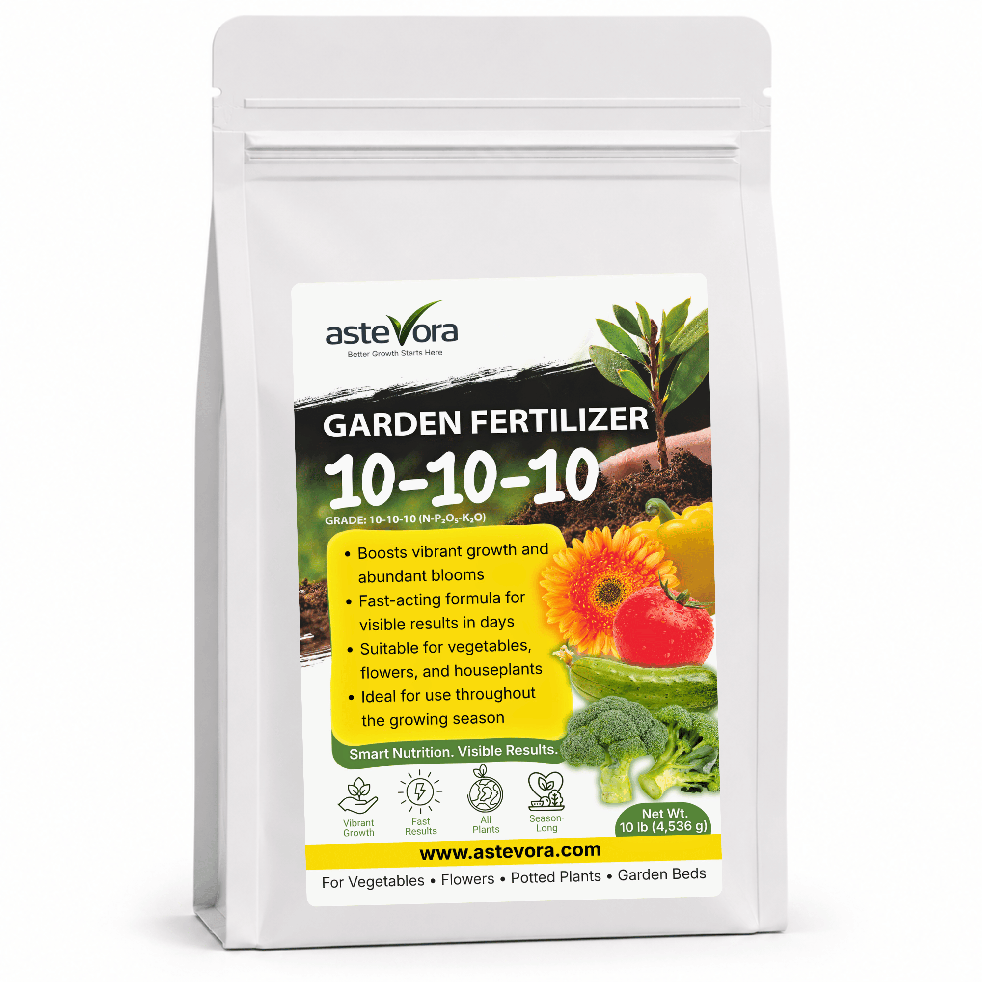 Astevora 10-10-10 all-purpose granular fertilizer front pouch