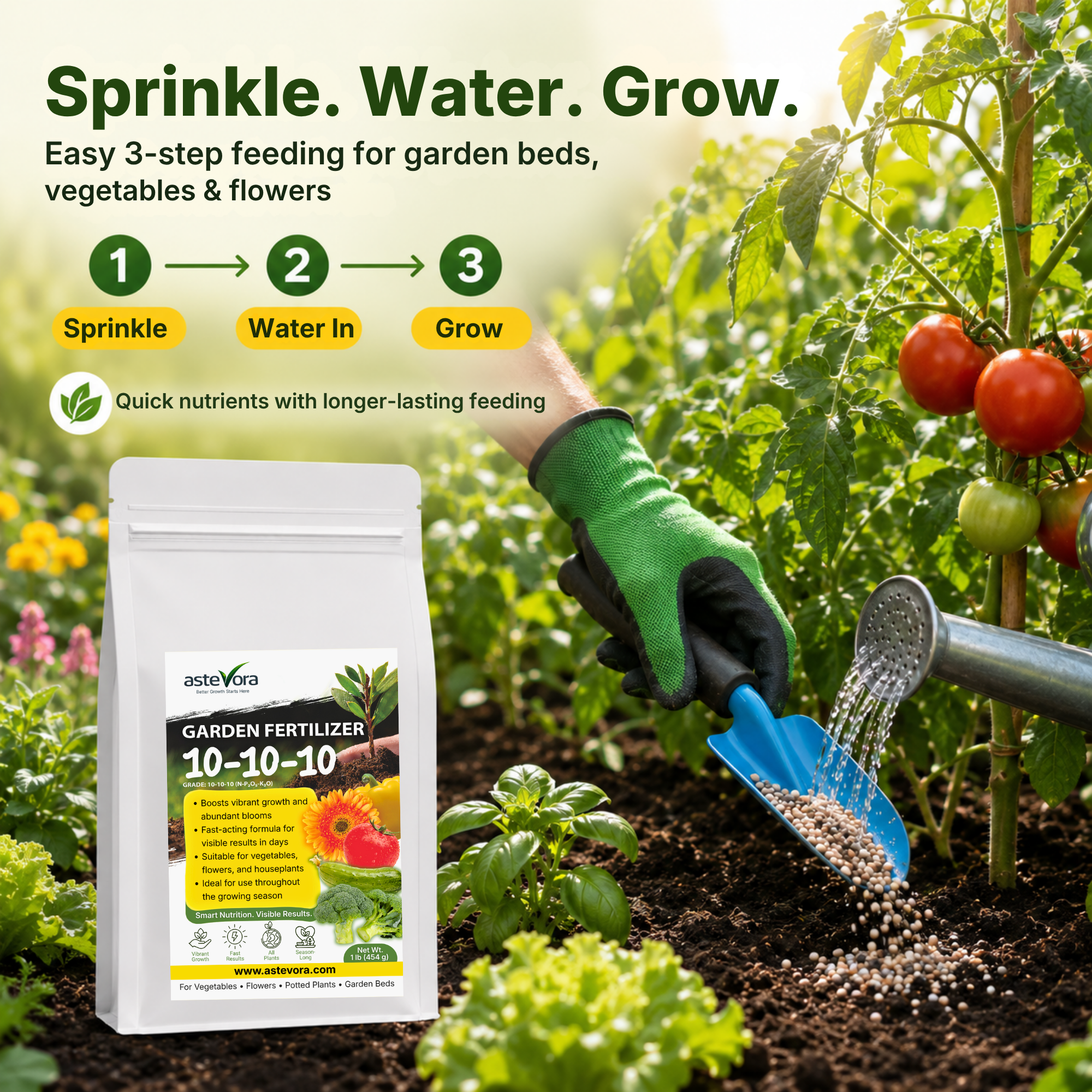 Astevora 10-10-10 granular fertilizer application steps for garden beds, vegetables, and flowers