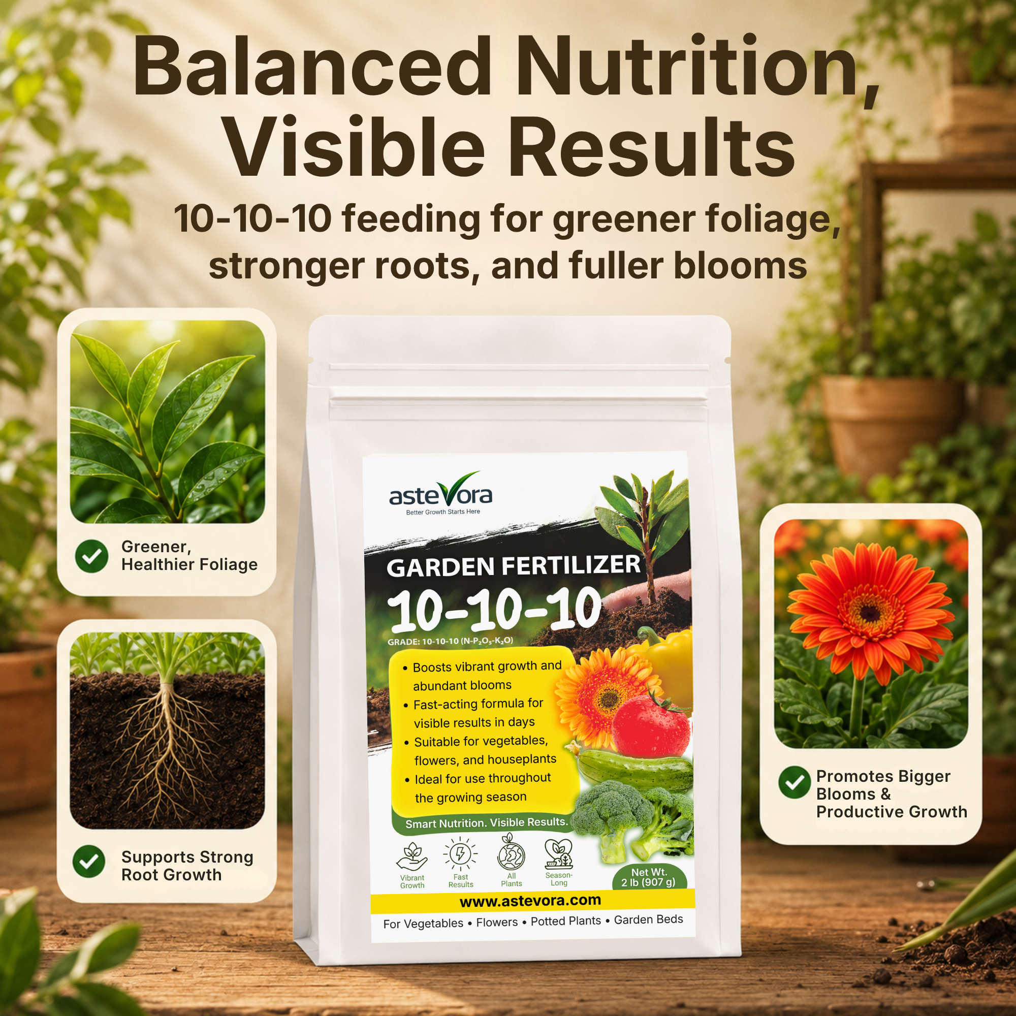 Astevora 10-10-10 granular fertilizer for flowers, vegetables, tomatoes, peppers, and garden beds