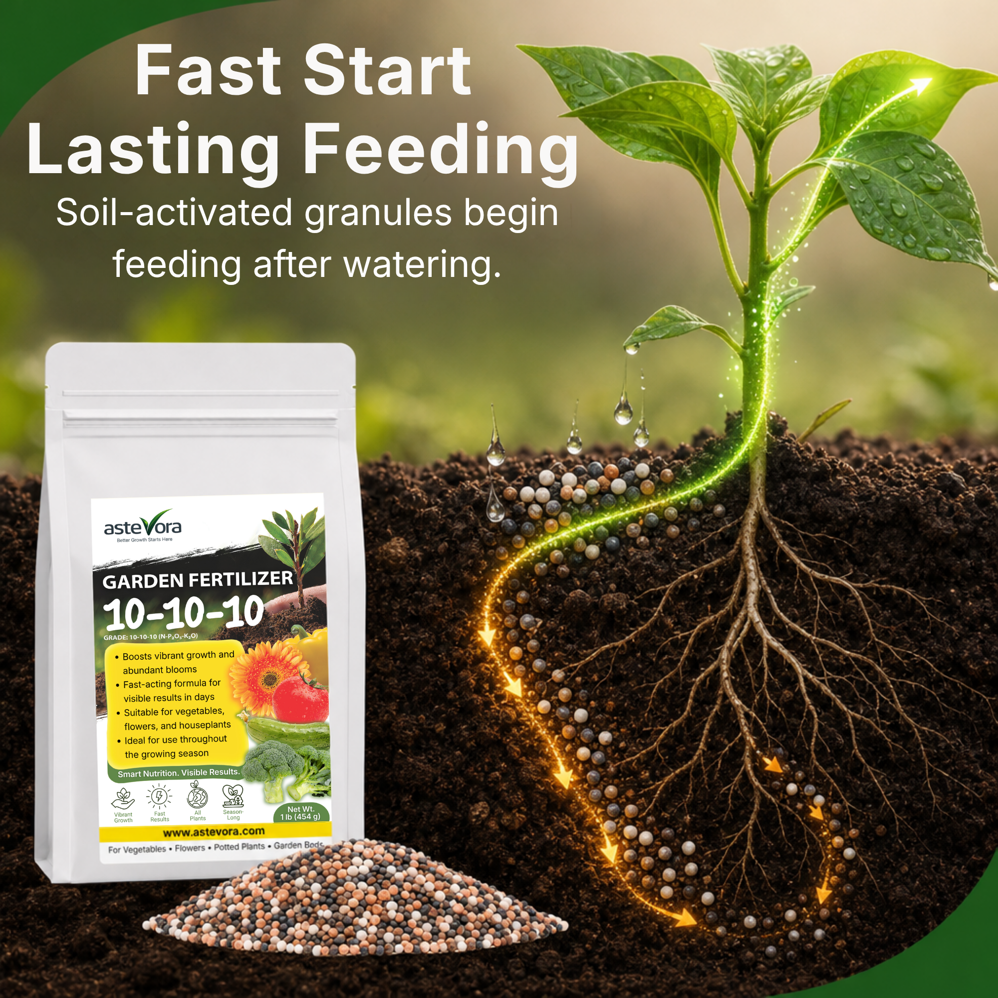 Astevora 10-10-10 granular fertilizer for balanced plant nutrition, greener foliage, stronger roots, and fuller blooms