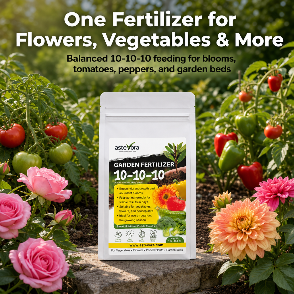 Astevora 10-10-10 granular fertilizer for flowers, vegetables, tomatoes, peppers, and garden beds