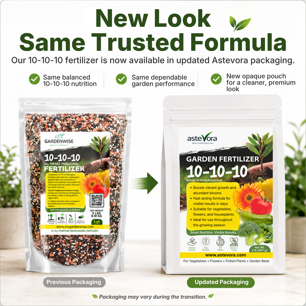 Astevora 10-10-10 granular fertilizer packaging transition from previous GardenWise packaging to updated Astevora packaging
