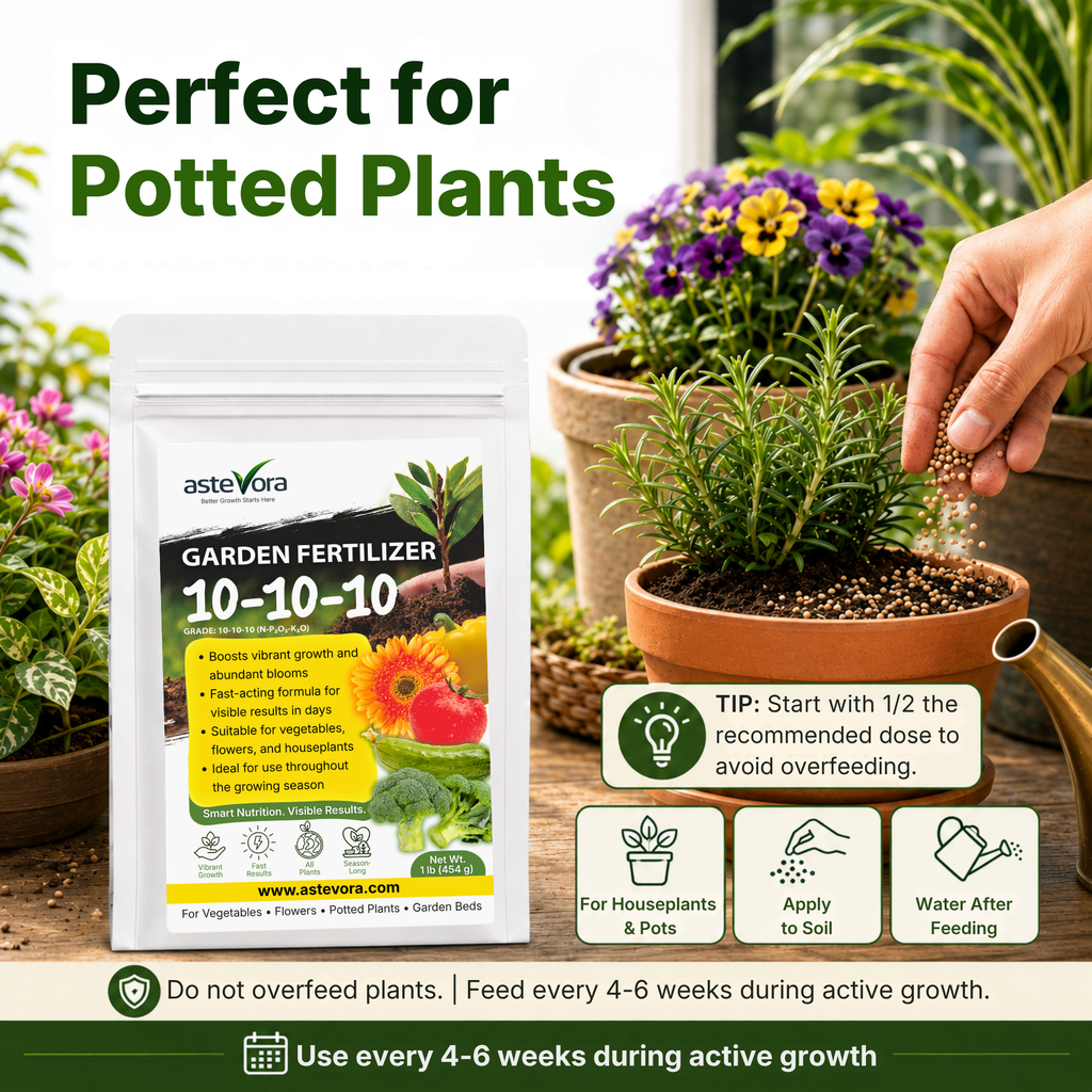 Astevora 10-10-10 granular fertilizer for potted plants, houseplants, flowers, and container gardens