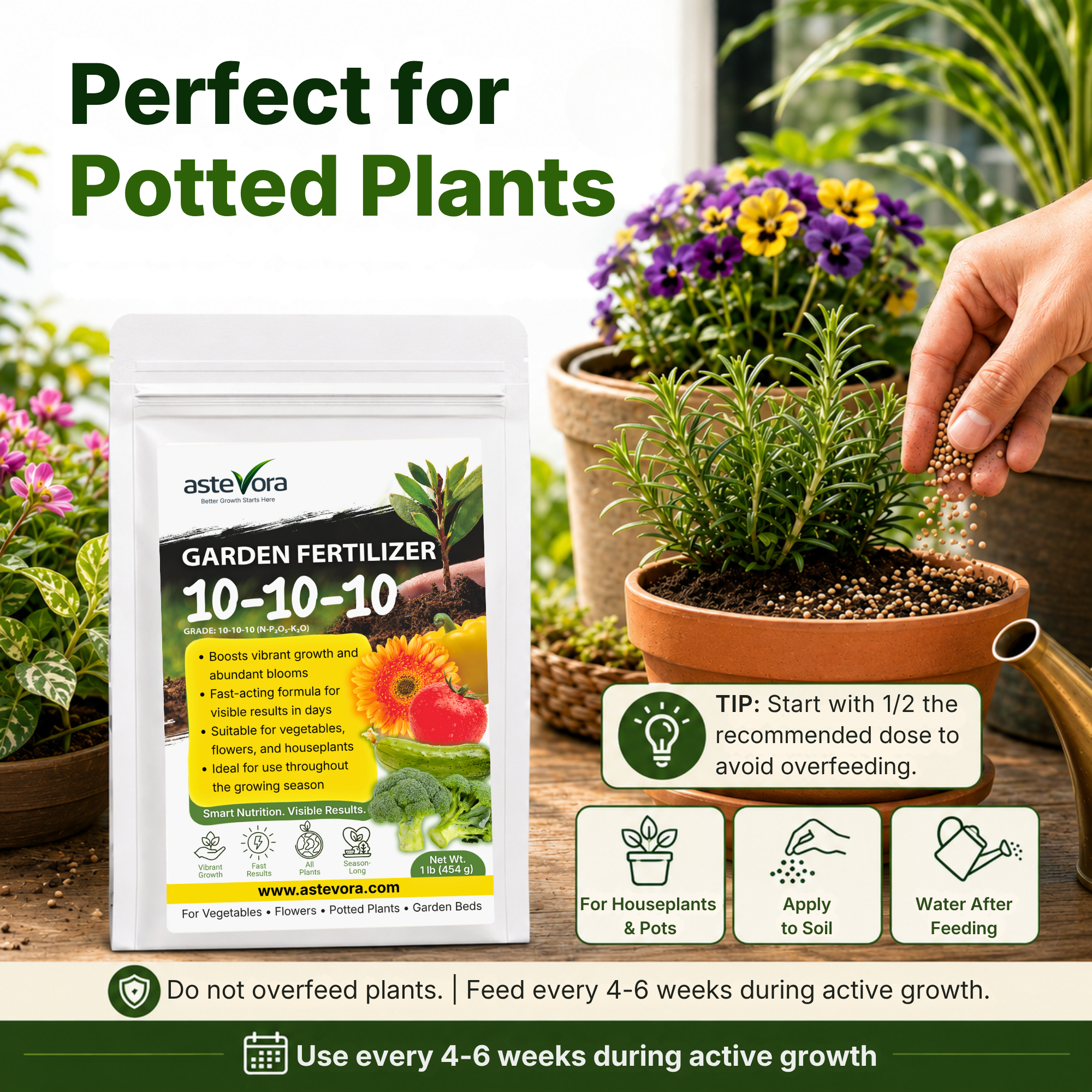 Astevora 10-10-10 granular fertilizer for potted plants, houseplants, flowers, and container gardens