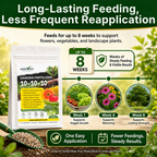 Astevora 10-10-10 granular fertilizer reapply timing guide for pots, vegetable gardens, flowers, and ornamentals